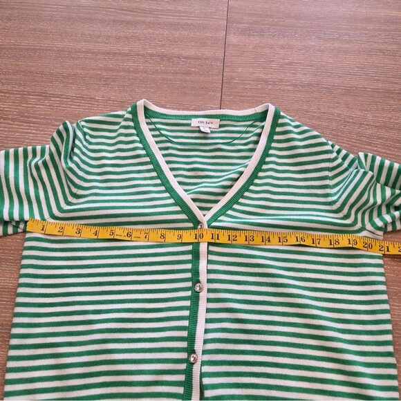 On 34th Cardigan Sweater Green & White Stripe Rhinestone buttons Size XL - Picture 5 of 7